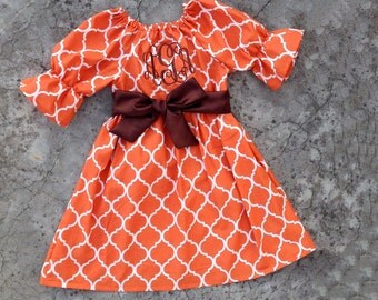 Girls thanksgiving outfit, baby girl clothes, baby fall clothes, monogrammed Orange quatrefoil dress, brown and orange toddler fall outfit