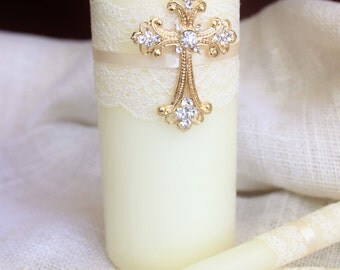 Unity Candle Set Gold Cross Candle Set, Church Wedding Unity Candles for Wedding, Lace Unity Candle Set Gold Wedding Cross Christian Wedding