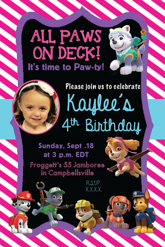 Paw Patrol Birthday Party GIRLY Invitations Personalized