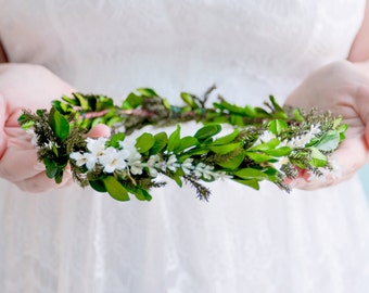 flower crown, floral crown, bohemian hair crown, leaf crown, green flower crown, boho bridal crown - MEADOW