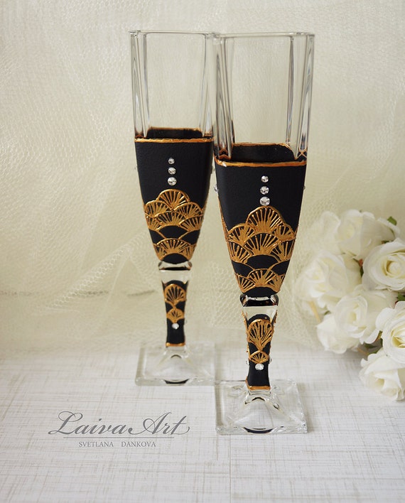 Gold Art Deco Gatsby Style Wedding Champagne Flutes Wedding