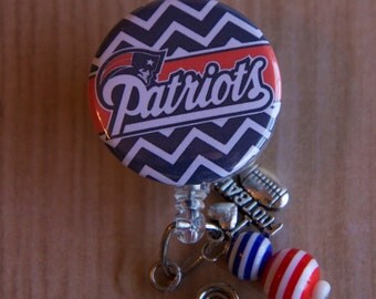 New England Patriots ID Badge Holder with Dangle Beads and Football Charm - Nurse Badge Reel - Football Reel - Badge Holder