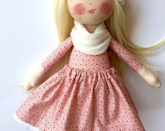 Blonde doll cloth doll rag doll textile doll pink outfit blonde hair long hair