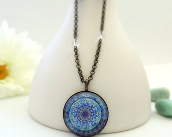 Healing Necklace MOON MANDALA Necklace Blue Mandala Healing Jewelry Mandala Jewelry Sodalite Rock Crystal Mandala Art Print Energy Art