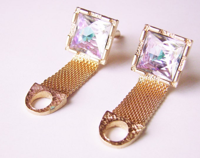 Vintage Retro Mesh Wrap Cuff Links / Rivoli Glass Stones / Goldtone / Mens Jewelry / Wedding / Jewellery / Suit Accessories