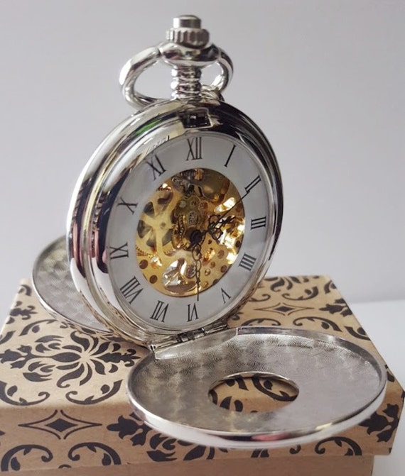 Engraved Pocket Watch with Chain Silver by PocketwatchPurveyor