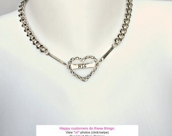 BDSM Day Collar His or Hers TWISTED HEART Engraved Necklace for Submissive with 316L Stainless Steel Chain Locking or Lobster Clasp Closure