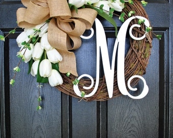 BEST SELLER! White Tulip Wreath. Grapevine Wreath. Year Round Wreath. Spring Wreath. Summer Wreath. Monogram Wreath. Door Wreath.