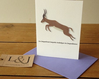 Impala card, animal alphabet, alphabet cards, wildlife, cards for kids, gazelle, funny animals, antelope, illustration, safari animals