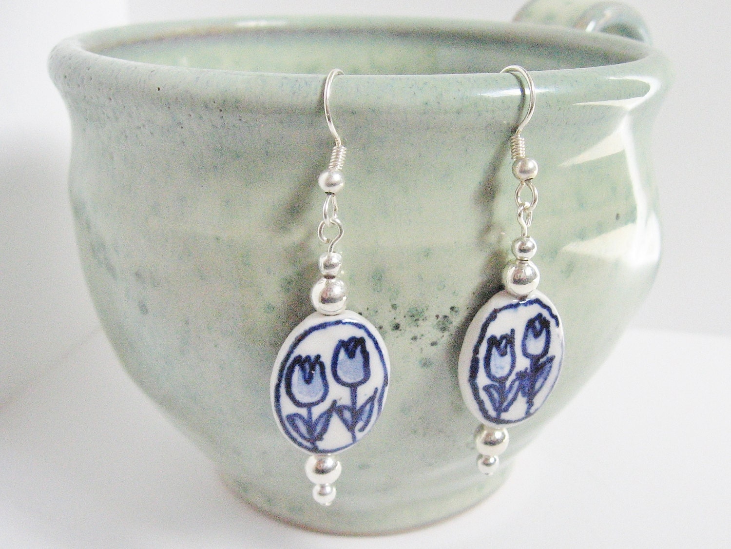 Blue and White Ceramic Flower Earrings French pottery