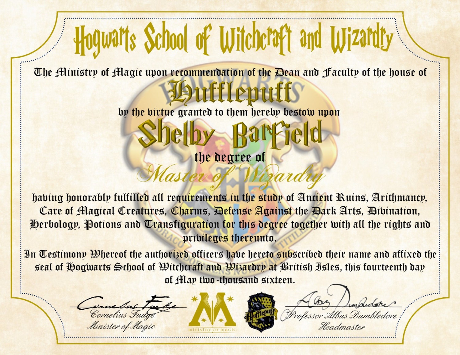 Personalized Harry Potter Diploma Hufflepuff Hogwarts