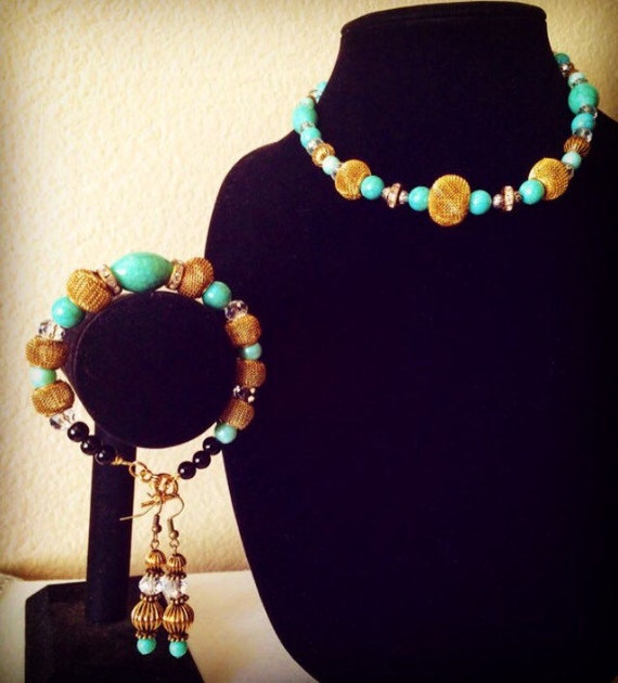 Turquoise And Gold Trendy Jewelry Set Three Piece by Creationlily