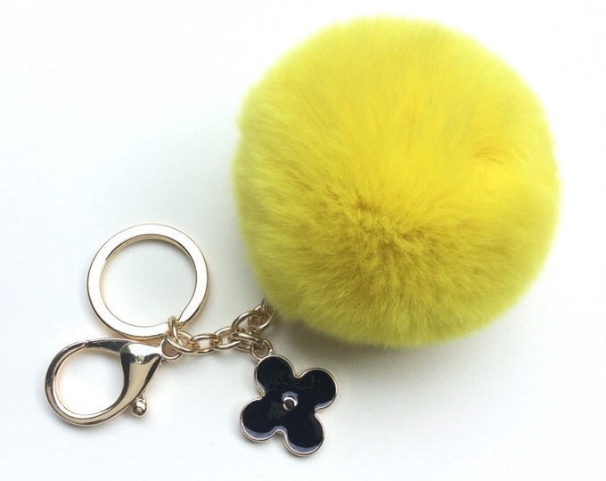 Yellow fur pom pom keychain REX Rabbit fur pom pom ball with flower bag charm