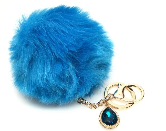 NEW! Faux Rabbit Fur Pom Pom bag Keyring keychain artificial fur puff ball in Sky Blue Crystals Collection