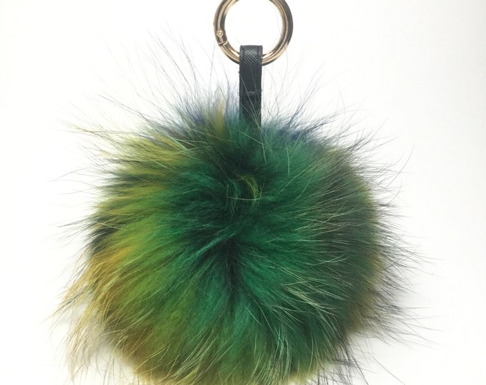 NEW Tropical Swirl™ Multi Color Raccoon Fur Pom Pom bag charm 7 inch pom pom YELLOW MELLOW with a touch of blue