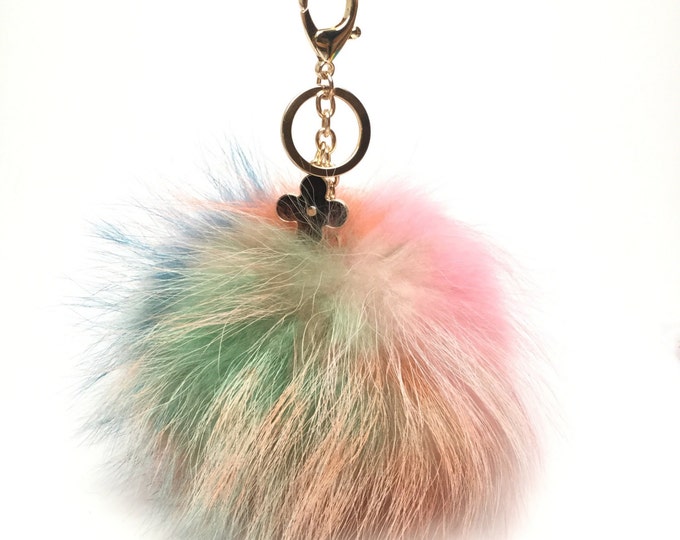 NEW Collection Dimensional Swirl™ Multi Color Raccoon Fur Pom Pom bag charm clover flower charm keychain piece no.299