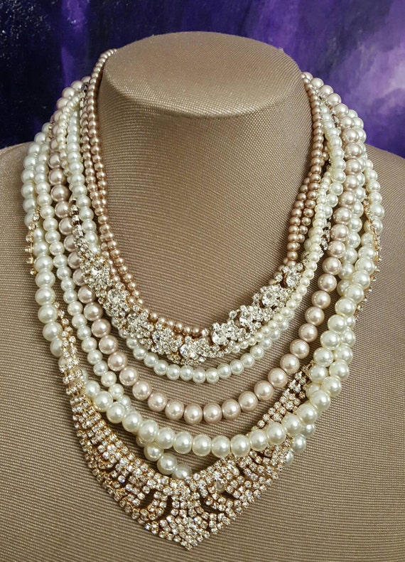 Chunky Bridal Pearl And Rhinestone Multistrand Necklace