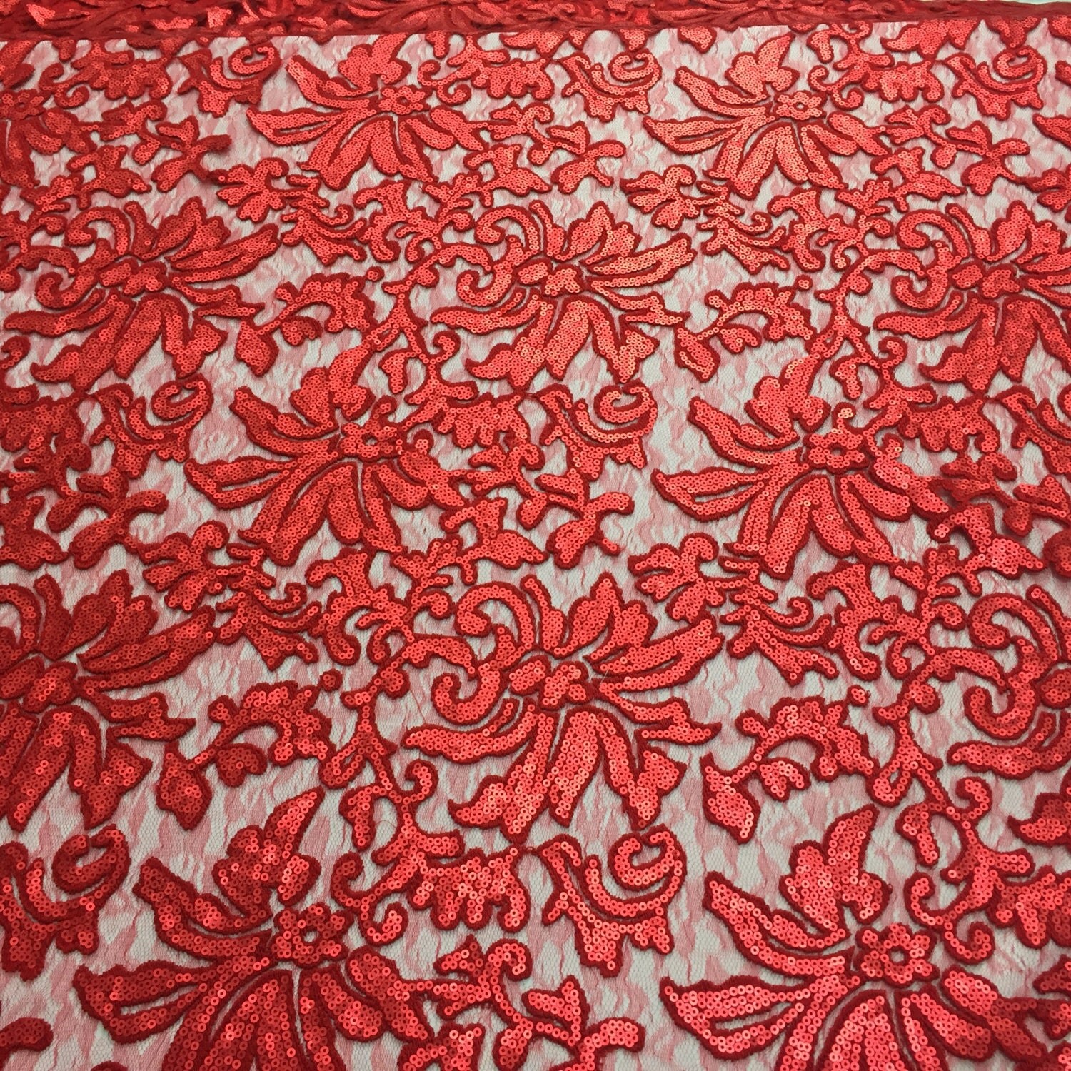 Beyonce Floral Apparel Sequence Lace Fabric - Red - By The ...