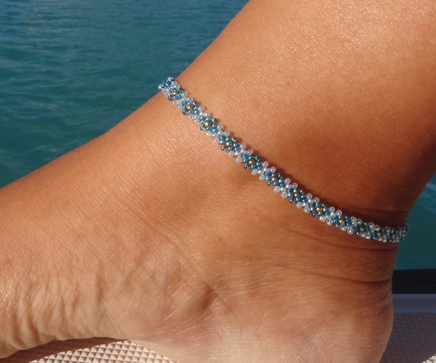 Blue Beaded Anklet Diamond Daisy Chain Ankle by SimplyTheBead