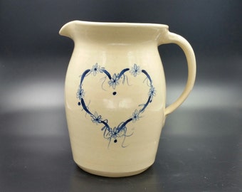 Vintage 1980's Art Pottery Pitcher Marshall Texas P.R. Storie Handmade Blue Heart Design Original Signed