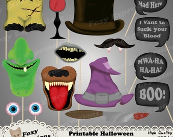 DIY Printable Halloween Photo Booth Props. Comes with Witch hat, wart face, werewolf fangs, crazy eyes, top hat, knife, word bubbles, & more