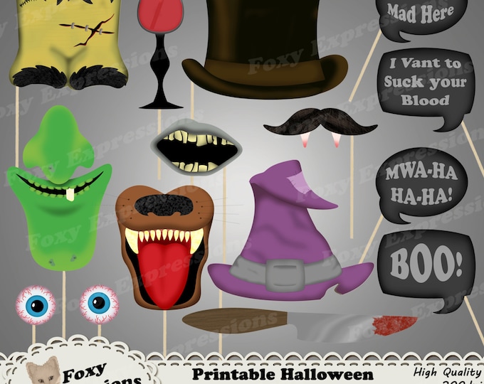 DIY Printable Halloween Photo Booth Props. Comes with Witch hat, wart face, werewolf fangs, crazy eyes, top hat, knife, word bubbles, & more