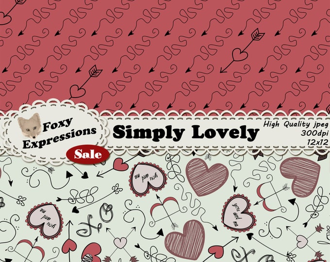Simply Lovely Digital Paper pack comes with hand drawn doodles like young love notes, including hearts, arrows, love, xo, cupids bow & arrow