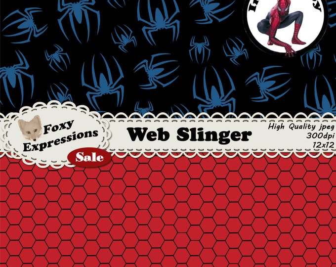 Web Slinger digital paper inspired by Spiderman Comics by Stan Lee. Pack includes spiders, webs, spiderman swinging off building, comic tags