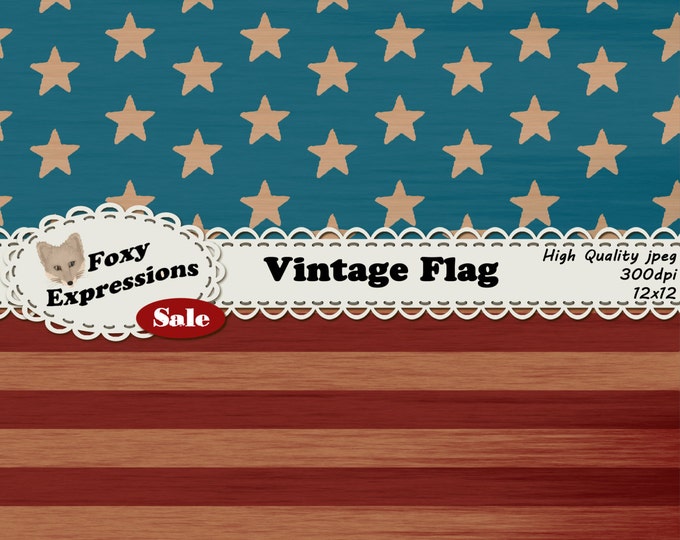 Vintage Flag Digital Paper in worn down reds, whites, and blues. Designs include faded stars and stripes. For personal or commercial use.