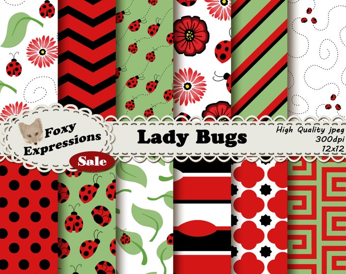Lady Bug digital paper comes in Red, Black, White, and Green. Designs include Lady Bugs, Flowers, Leaves, Swirls, Chevron, Polka Dots & more