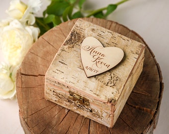 Rustic Wedding Ring Box, Heart Brich Bark Box, Engraved Wood Wedding Box, Wodden Ring Box, Custom Wedding Ring Holder Wood Ring Bearer
