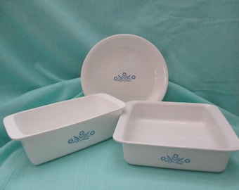 Vintage Corning Ware, 3 Piece Bakeware Set in Blue Cornflower, 8" Square Cke Pan, 2 Qt. Loaf Pan, & 9" Pie Plate. 1970's