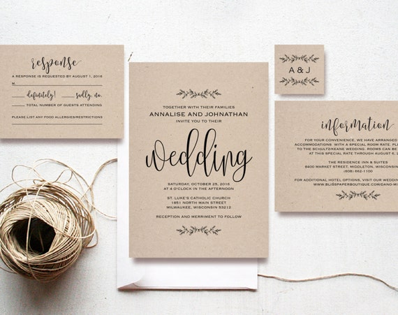 Kraft Wedding Invitation Printable Rustic by BlissPaperBoutique