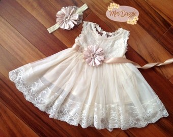 Flower girl dress,champagne flower girl dress,lace flower girl dress,country flower girl,rustic flower girl,vintage flower girl,baby dress