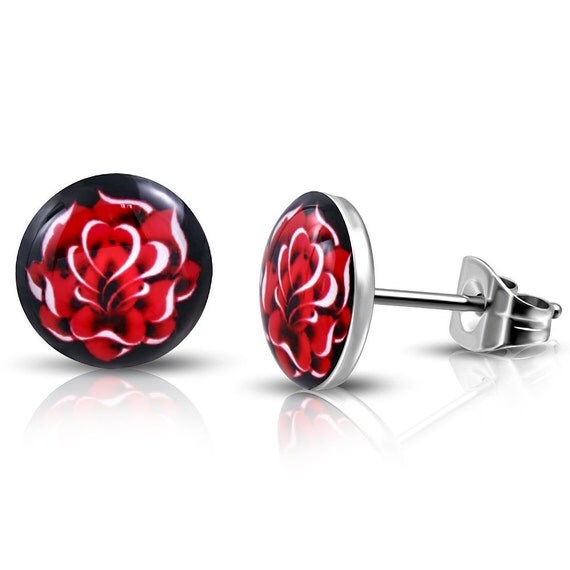10mm Stainless Steel Silver Toned Big Red Flower Love by PLATONIK