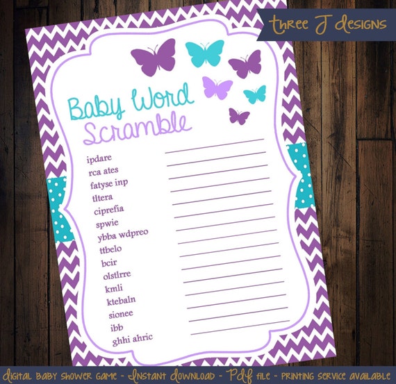 Butterfly Baby Shower Baby Word Scramble Game Purple