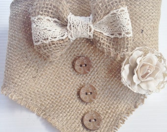 Stylish Vintage Inspired Burlap Bow Tie Rose Bud Dog Wedding Neck Scarf Bandana