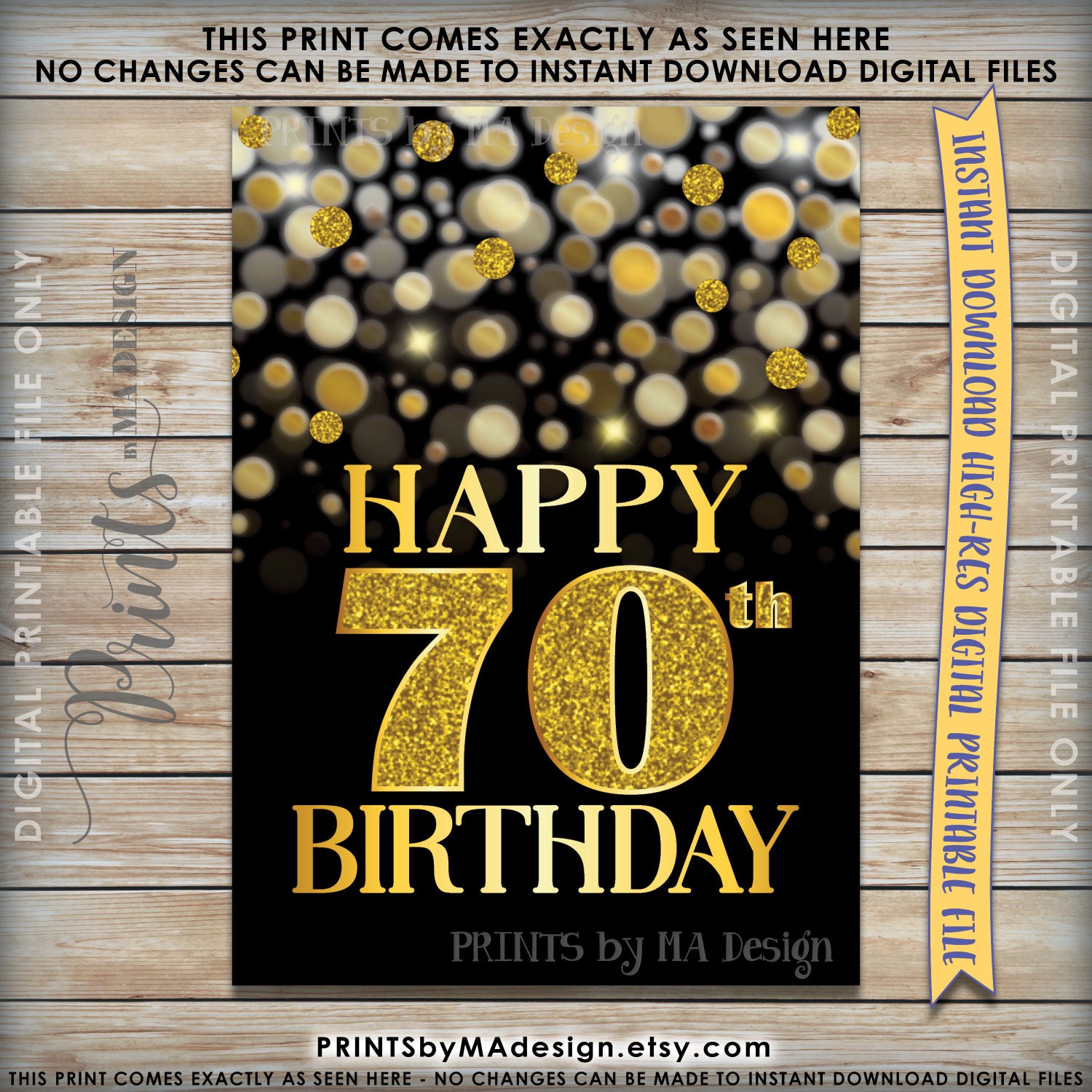 70th Birthday Card Black & Gold Glitter 70th B-day Golden Bokeh ...