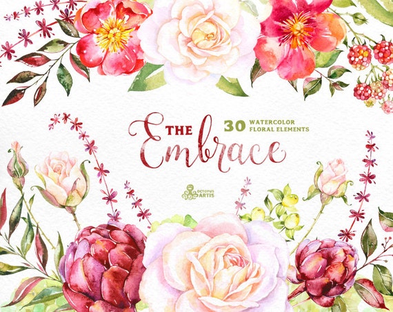 The Embrace. 30 Watercolor floral Elements flowers clipart