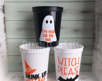 Halloween 16oz Stadium Cups | Halloween Party Cups | Drink Up Witches | Eat Drink and Be Scary | Here For the Boos | Set of 4+ | BPA Free