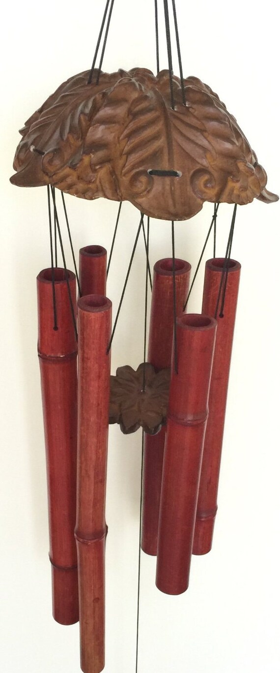 Large Bamboo Wind Chime with Carved Resin Top and Maple Leaf