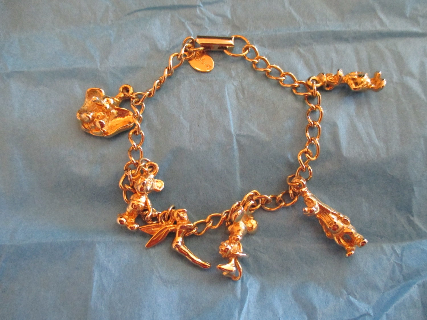 Vintage Disney Character Bracelet 6 Charms Gold Tone
