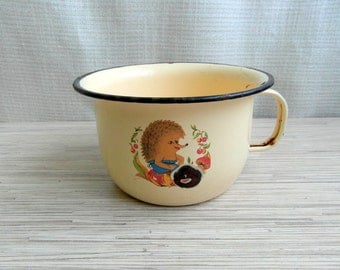 Enamel Child Chamber Pot Tan Black Trimmed With Hedgehog On Both Sides Rare Soviet Child's Chamber Pot With Handle Enamel Chamber Pot