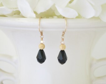 Swarovski crystal teardrop earring, Black and gold bridal earring, Simple black crystal wedding earring