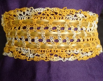 Knitted crochet obi belt 3.5 inches wide lace obi corset belt ribbon tie gold yellow white lacy