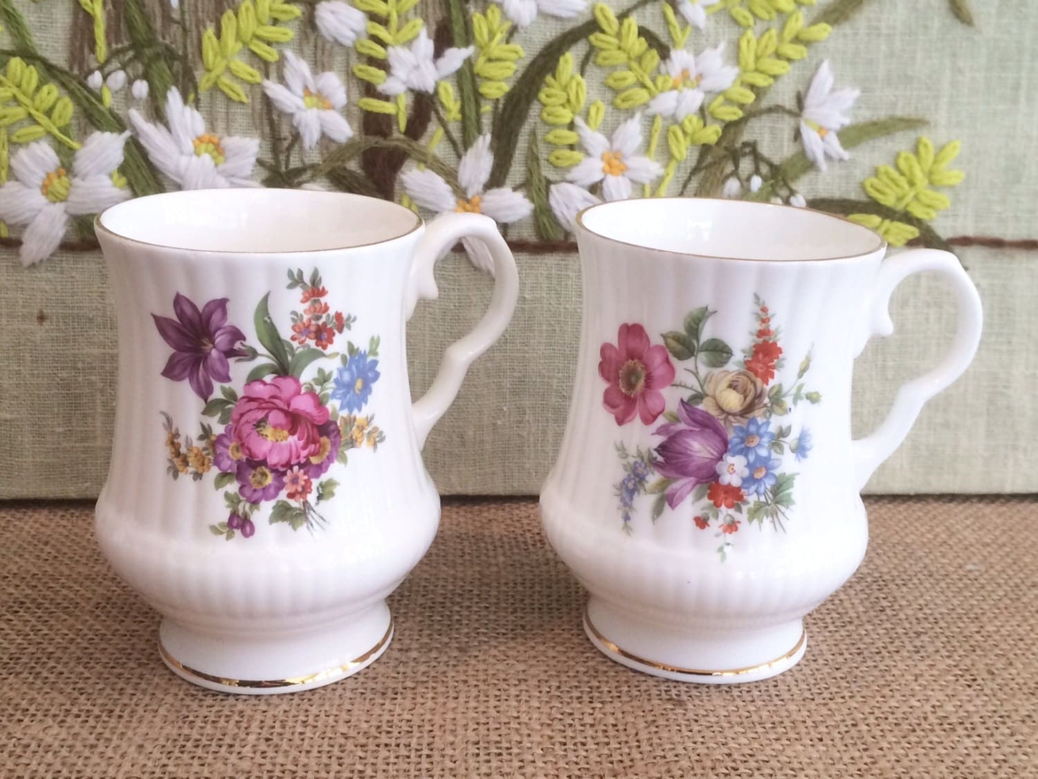 2 Bone China Mugs Coffee Tea Cups Flowered Mug
