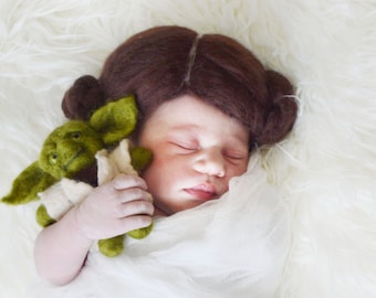 Newborn Felted Princess Leia Wig and Stuffed Yoda, MADE TO ORDER; hand felted; newborn photography prop; Star Wars