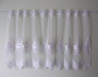 French Lace café curtain, white, Shelf cover, jug and flower design -French vintage, French décor – Demi Rideau de café
