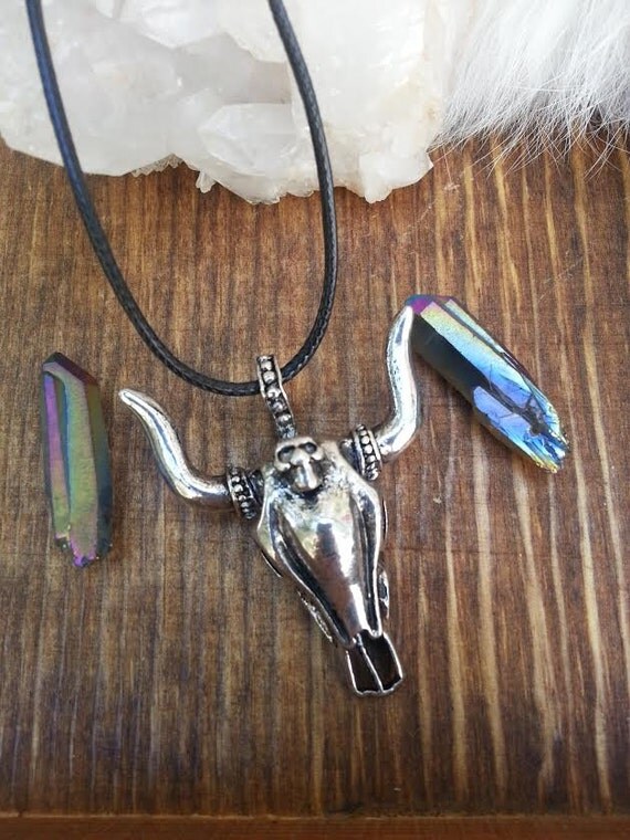 Silver Cow Head Necklace Large Long Horn Skull by TheGlitzyHen