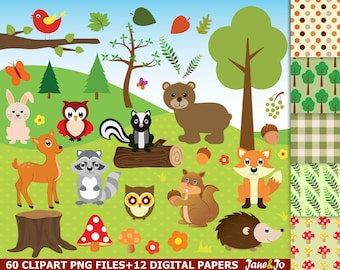 60 Woodland clipart, Woodland clip art,Woodland animals, fox,rabbit,squirrel,acorn,skunk,bear,deer,owl clipart Woodland images,woodland art